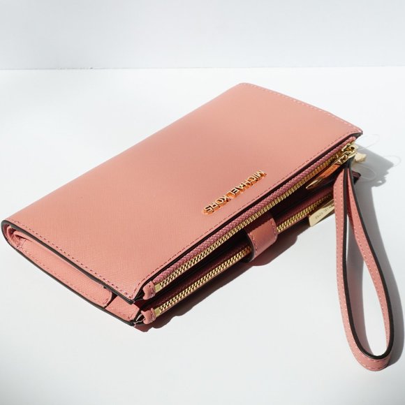 Michael Kors Jet Set Travel Large Phone Double Zip Wristlet Pink Rose